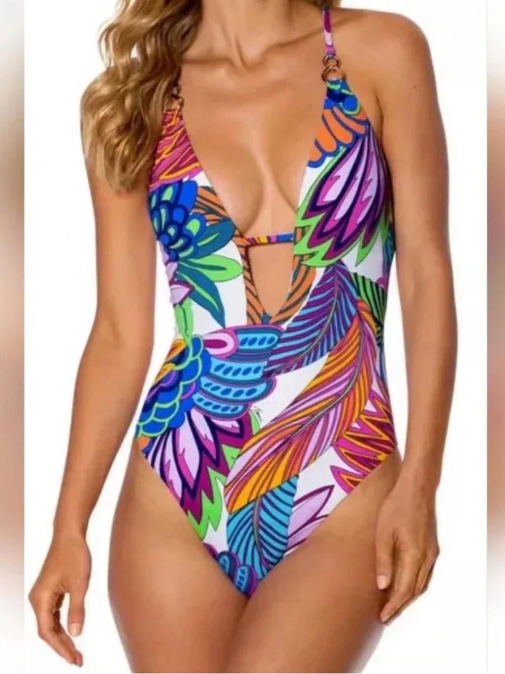 Trina Turk Paradise Plume Plunge One Piece Maillot Swimsuit